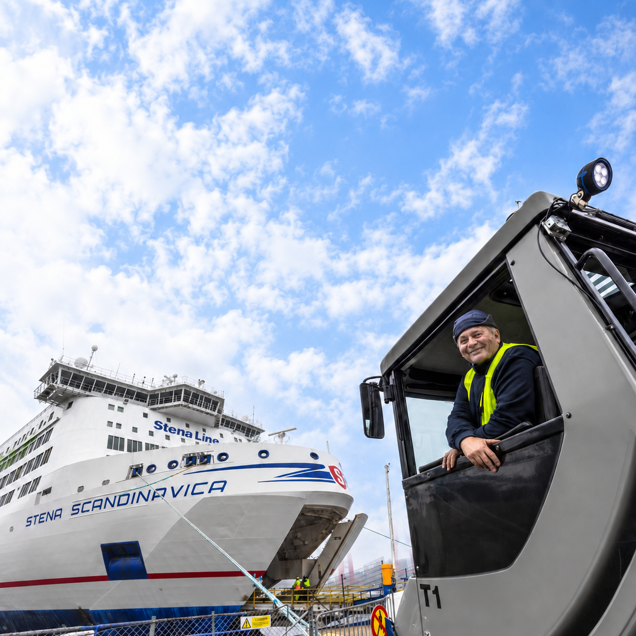 Tugmaster-Fahrer an seinem Fahrzeug vor einer Stena-Line-Fähre
