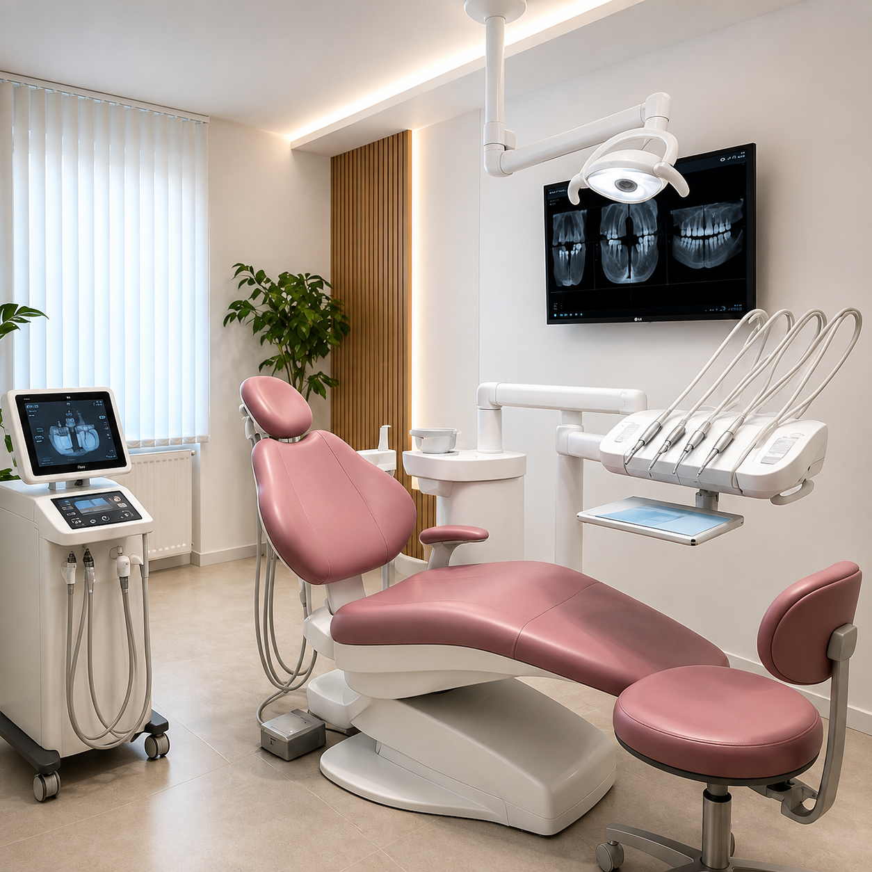 Behandlungszimmer der Praxis mit Behandlungseinheit und Bildschirm
