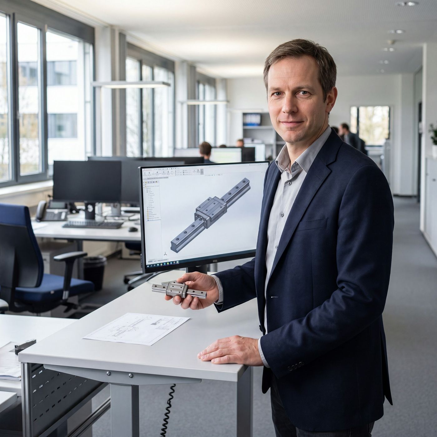 Konstrukteur hält ein Metallbauteil, daneben technische Zeichnung und CAD-Modell