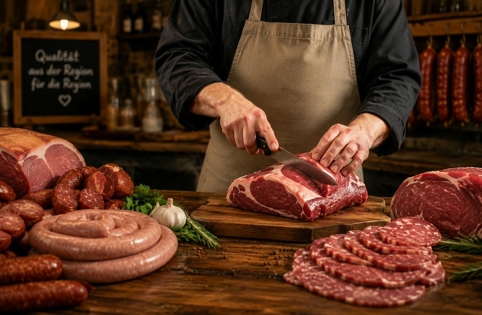 Metzger schneidet frisches Fleisch mit regionalen Wurstspezialitäten