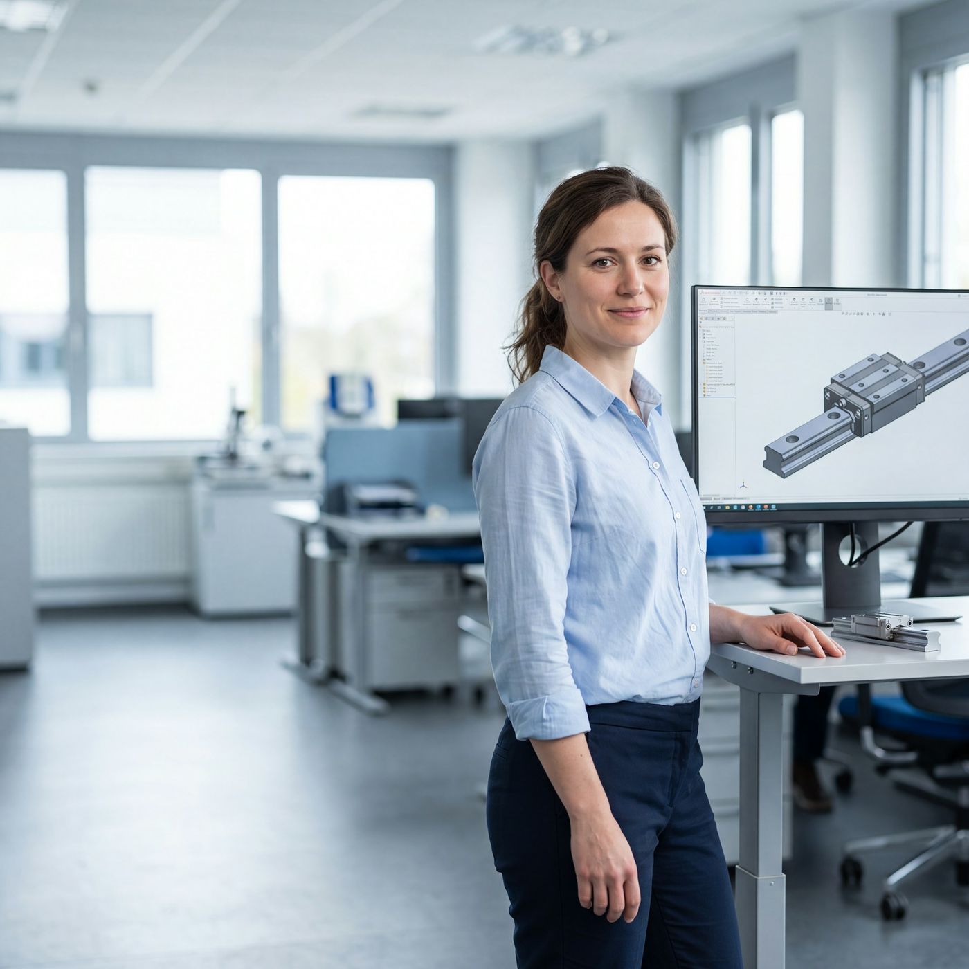 Technische Produktdesignerin am höhenverstellbaren Tisch mit CAD-Modell auf dem Bildschirm