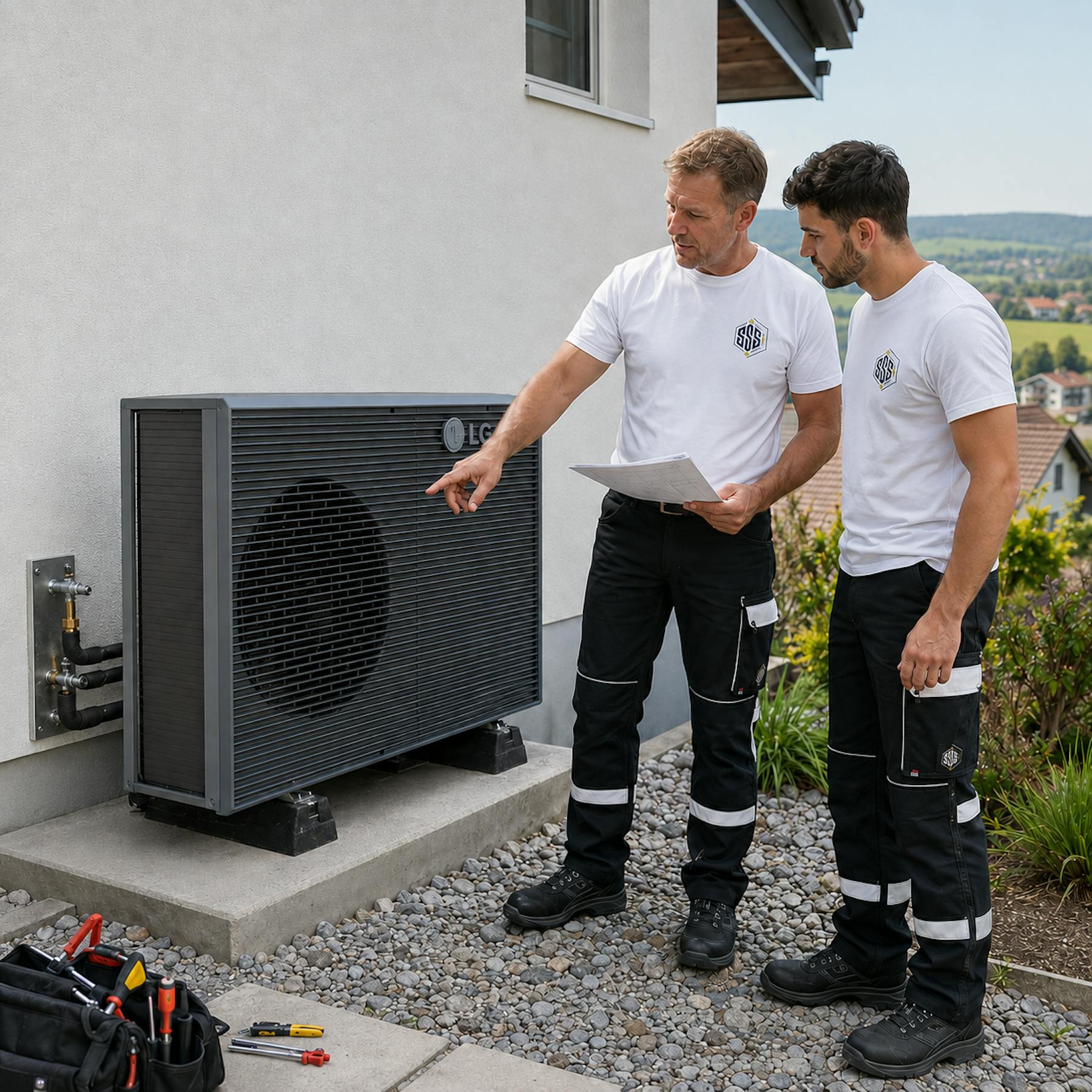 Zwei Monteure besprechen eine Wärmepumpen-Ausseneinheit an einem Haus