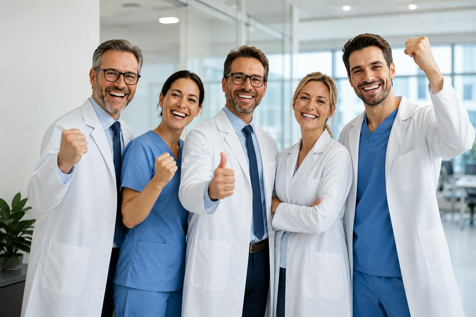 Fünf lächelnde medizinische Fachkräfte, zwei in blauen Kitteln und drei in weißen Kitteln, zeigen Daumen hoch und Faustgesten in einer modernen Klinik.