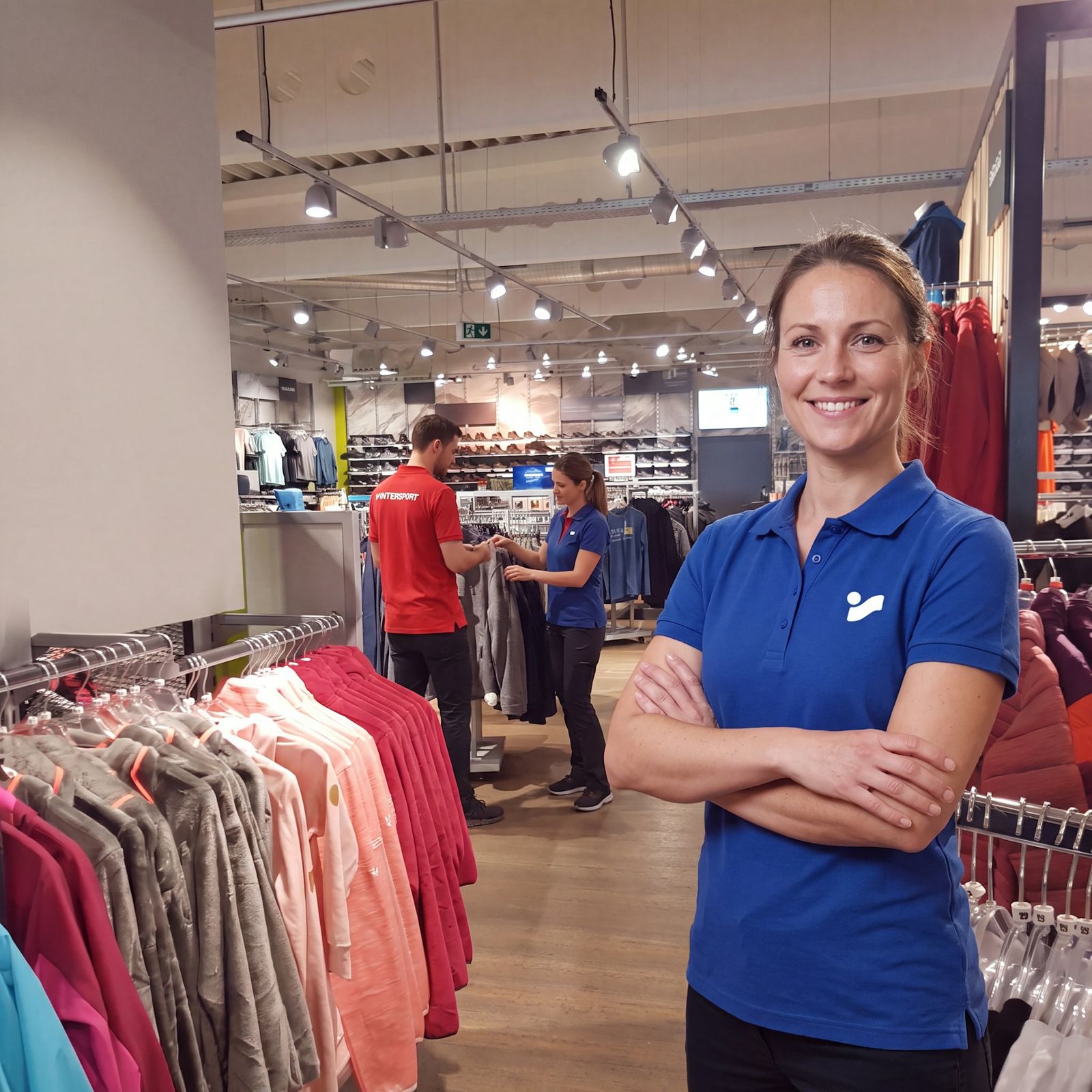 Mitarbeiterin von INTERSPORT Sport Flöss mit verschränkten Armen auf der Verkaufsfläche