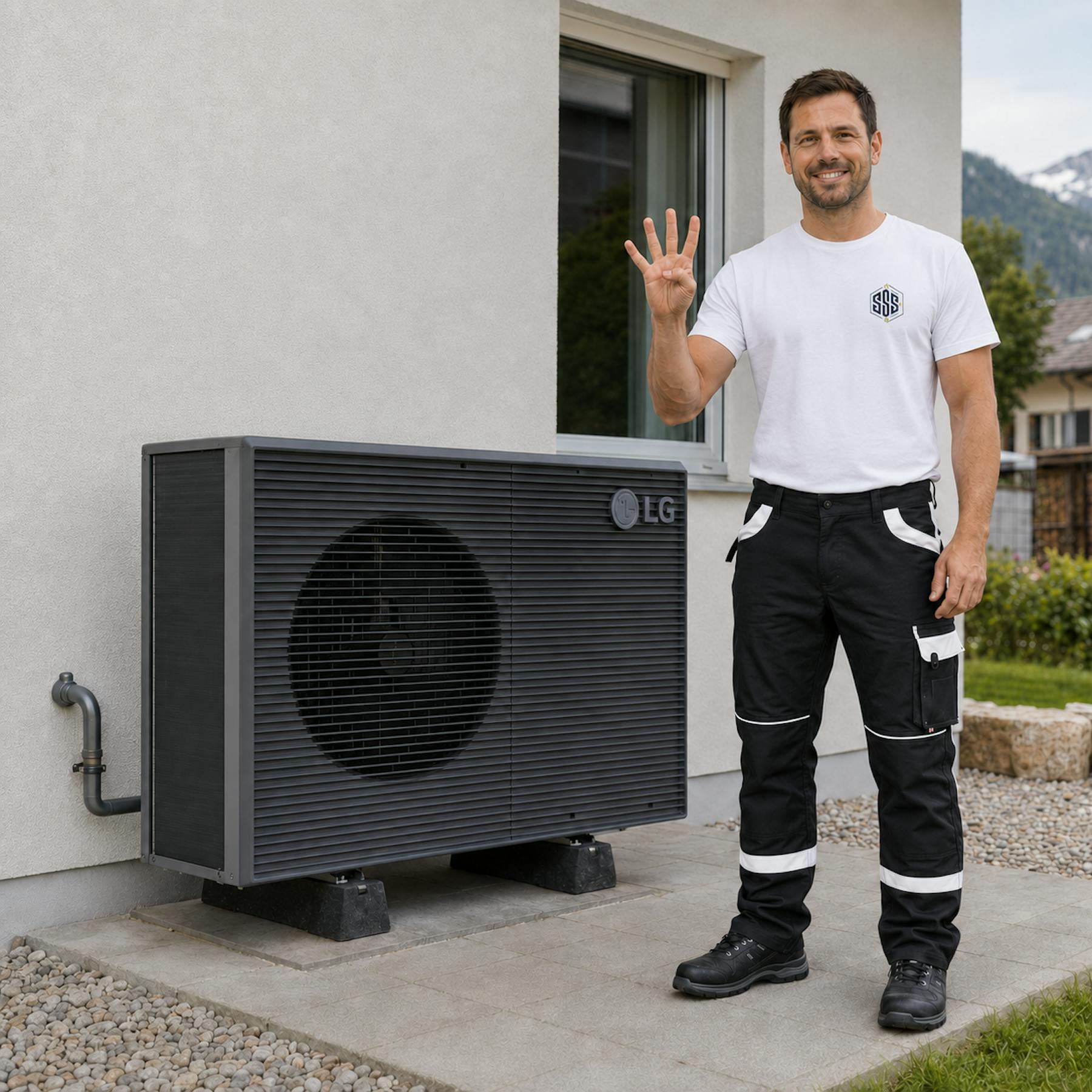 Monteur zeigt vier Finger für die 4-Tage-Woche neben einer Wärmepumpe