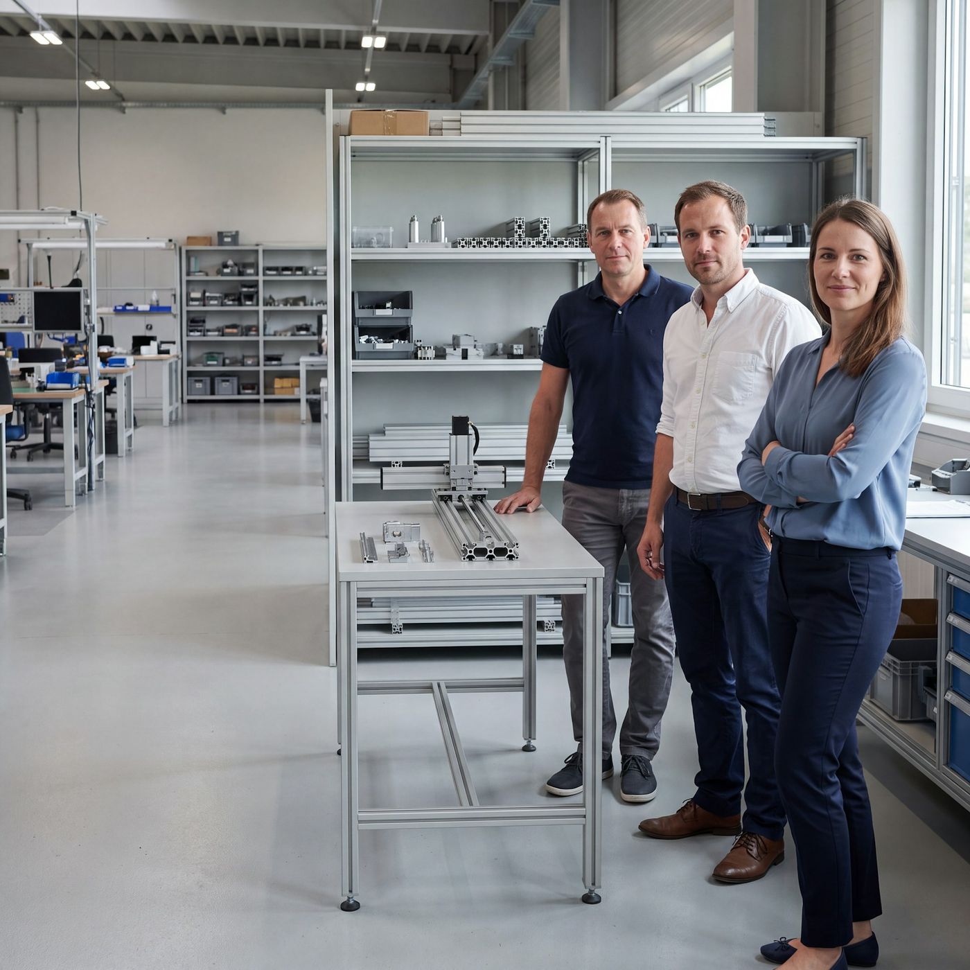 Drei Kolleginnen und Kollegen in der Werkstatt neben Metallbauteilen und Maschinenkomponenten